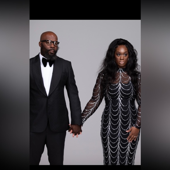 New Sheer black evening gown w/ silver sequins Worn for 10 min engagement shoot - Picture 3 of 4